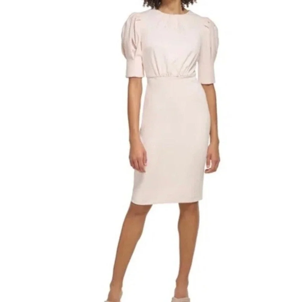 Calvin Klein Blush Pink Puff Sleeve Midi Sheath Dress Open Back Size 12 Wedding‎